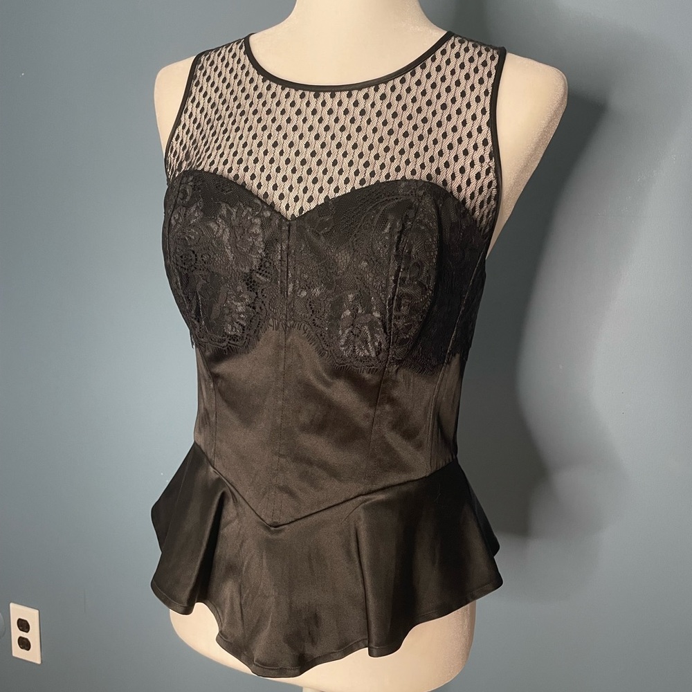 GUESS Satin & Lace Corset Peplum Top